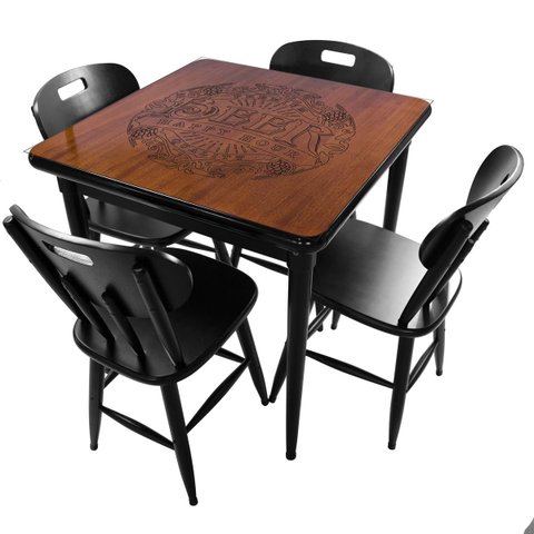 Conjunto Mesa Jantar Quadrada 80x80cm Madeira + 4 Cadeiras Cozinha Sala - Beer Happy Hour - Preta