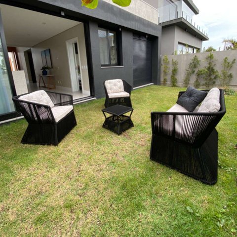 Conjunto de Sofá em Corda Náutica Bambu - 1 Sofá 2l + 2 Poltronas + 1 Mesa Centro- Tecido Duna Cru