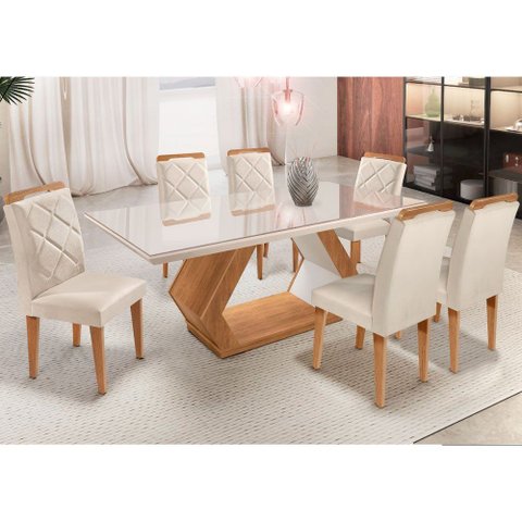 Mesa Alvorada 180 Tp MDF Vidro Canto Reto 6 Cadeiras Rufato