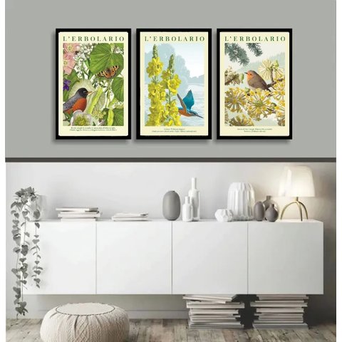 Kit 3 Quadros Passarinhos Flores Espécies 45x34cm:moldura Branca