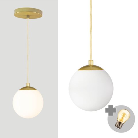 Pendente Ouro C/ Globo de Vidro Branco de 14cm + Led 2w