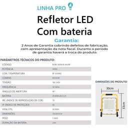 Refletor Holofote Led C/ Bateria Recarregável Portátil 500w Branco Frio - 4