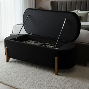 Banco Baú Organizador Estofado Orgânico Milão Peseira 1,40 Bouclê Preto - Montanari's Decor