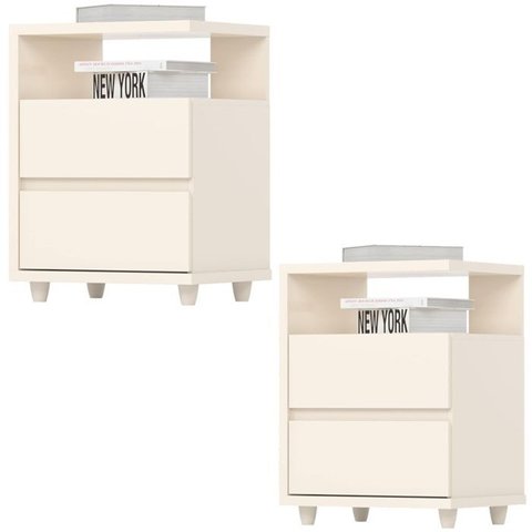 Kit 2 Mesas de Cabeceira 2 Gavetas 48 Cm Campeche Off White Henn