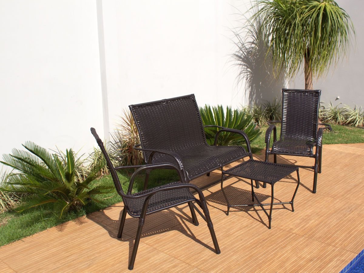 Conjunto 2 Cadeiras, Namoradeira e Mesa - Área externa, Jardim, Piscina Fibra Sintética - Preto - 4