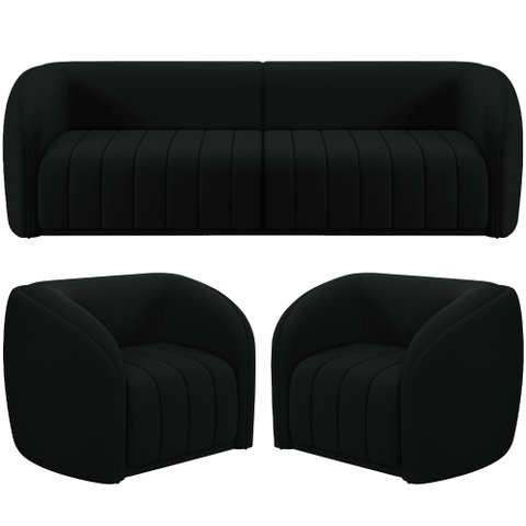 Kit Sofá 5 Lugares para Sala 332cm com 02 Poltronas Lazio M03 Veludo Preto - Lyam Decor