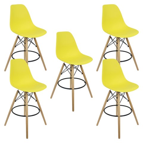 Kit 5 Banquetas Charles Eames Eiffel Wood Design Base Fixa Madeira - Amarela
