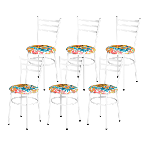 6 Cadeiras Epoxi Branca para Cozinha Assento Estampado:happy Hour