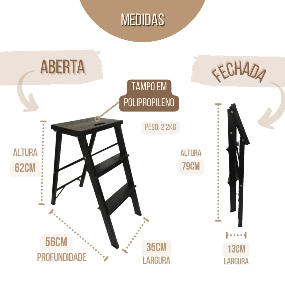 Mini Escada Multifuncional Banqueta Alumínio Tampo de Plastico Dobrável Preta - 6