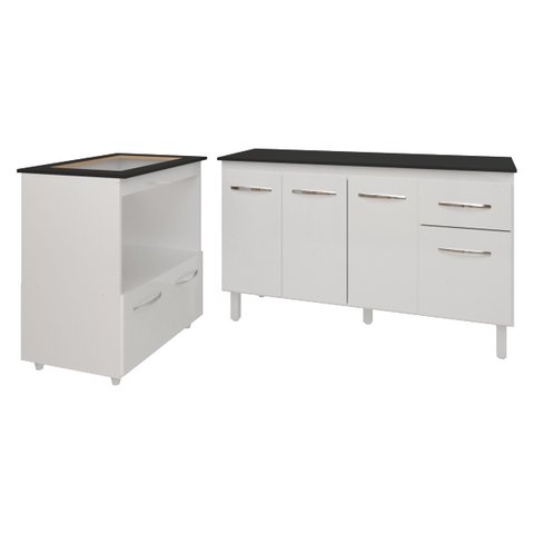 Armário Gabinete Camila 138 Cm com Tampo Tampão e Balcão Evelyn para Cooktop 4 Bocas Branco e Preto