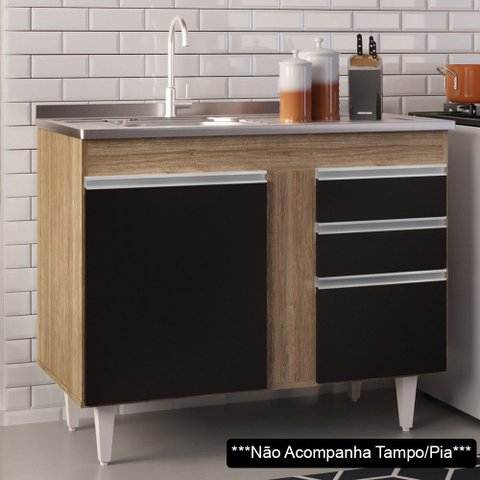 Balcão Gabinete 100cm sem Tampo 2 Portas 2 Gavetas Luziania Castanho/Preto - Lumil Móveis