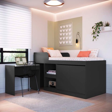 Cama Alta Solteiro Multifuncional com Escrivaninha Grafite