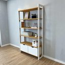 Ver imagem 4 de Estante Linea Ample 6 Prateleiras 2 Gavetas Pinus 101cm Nozes e Branco