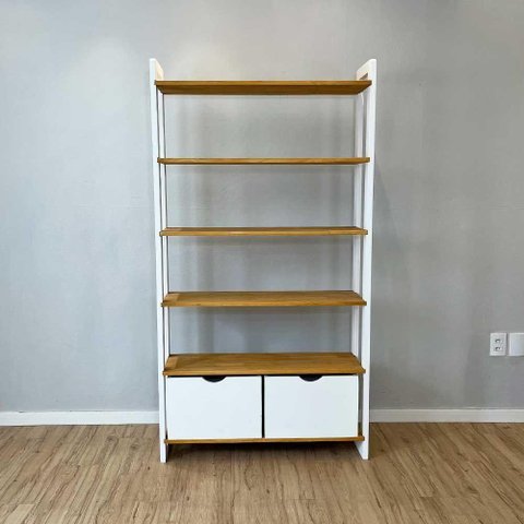 Estante Linea Ample 6 Prateleiras 2 Gavetas Pinus 101cm Nozes e Branco