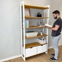Ver mais imagens de Estante Linea Ample 6 Prateleiras 2 Gavetas Pinus 101cm Nozes e Branco