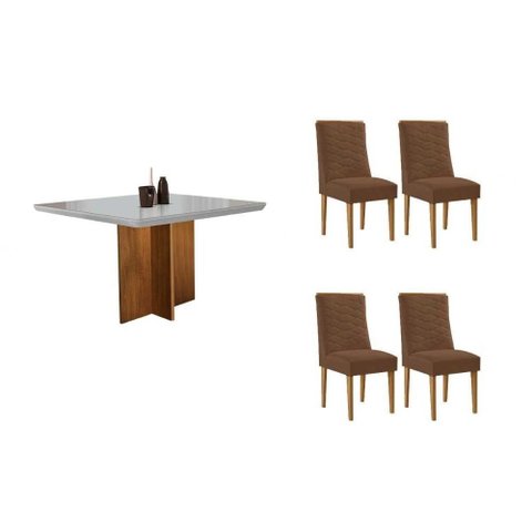 Sala de Jantar Completa Berlim C/ Tampo Madeirado C/ Vidro Canto Curvo 90x90cm e 4 Cadeiras Maldivas