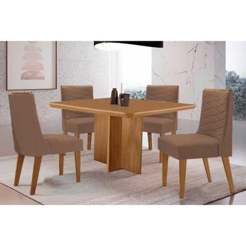 Sala de Jantar Completa Berlim C/ Tampo Madeirado Canto Curvo 90x90cm e 4 Cadeiras Maldivas Naturale