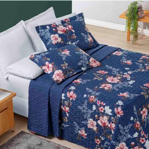 Kit Cobre Leito Colcha Celi King Dupla Face Micropercal 200 Fios 3 Peças - Azul Marinho Floral
