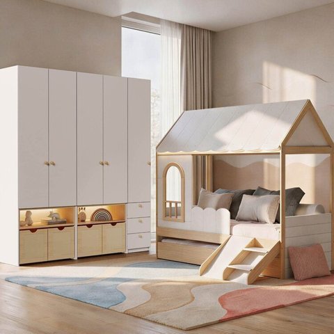 Guarda-Roupa Modulado Wave e Bicama Casinha com Mini Escorrega New Garden Casatema MadeiraOriginals Branco/Marrom