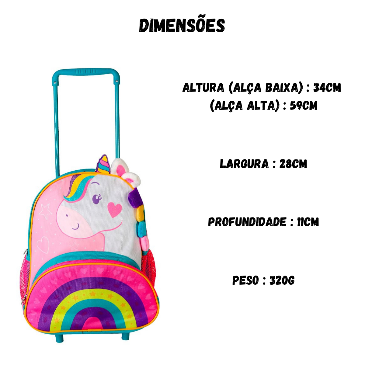 Mochila de Unicórnio Infantil com Rodinhas Colorida Escolar - 4