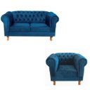 Ver imagem 1 de Uma Namoradeira Duque Chesterfield Capitonê + Uma Poltrona Duque- Suede Azul Marinho