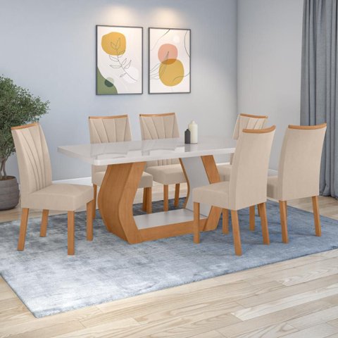 Conjunto Sala de Jantar Mesa Easy Tower 170x90cm Mdf/vidro com 6 Cadeiras Confort Veludo Creme