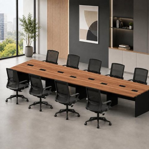 Mesa Estação de Trabalho 4,80 m X 1,20 m 8 Lugares Pés Painel F5 Office Cor:Nogal com Preto