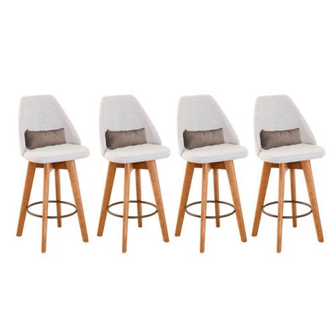 Kit 04 Banquetas Com Encosto Linho Bege E Almofada Bege