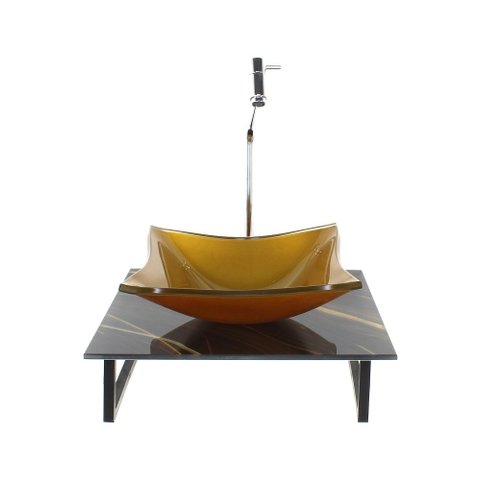 Gabinete de Vidro com Cuba Quadrada com Tampo de Vidro 40cm X 40cm Mármore Preto Dourado Mais Tornei