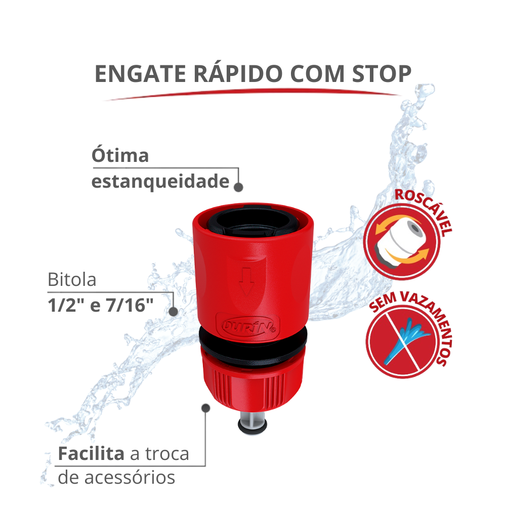Engate Rápido com Stop 1/2" e 7/16" para Mangueira Cor Vermelho Durín - 2