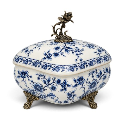 Porta-Joias de Porcelana Floral Branco e Azul 21x20x16cm