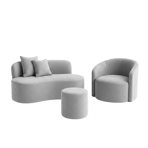 Conjunto 01 Poltrona + Sofá e 1 Puff Curvo Orgânico Nature Gaia Veludo Cinza Claro - Montanaris Deco