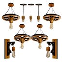 Ver imagem 1 de Kit Luminárias - 4 Pendentes Roda de Carroça, 3 Pendentes Barril e 2 Arandelas de Parede - Cerejeira