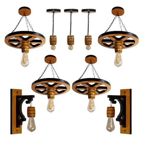 Kit Luminárias - 4 Pendentes Roda de Carroça, 3 Pendentes Barril e 2 Arandelas de Parede - Cerejeira