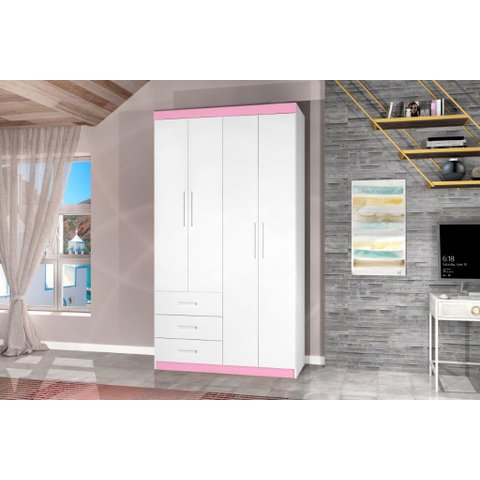 Roupeiro Can Solteiro 4 Portas + 3 Gavetas Cor Branco / Pink Ja