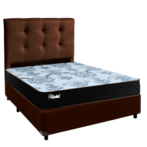 Conjunto Cama Box Marrom Casal + Colchão Molas Ensacadas Life Gold Paropas + Cabeceira