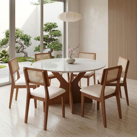Mesa de Jantar Conjunto Mesa de Jantar 6 Lugares Vidro Freijó Cesare Claro 135cm Dalla Costa Mó