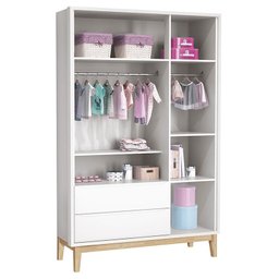 Cômoda Gaveteiro e Guarda Roupa Infantil 3 Portas New Classic Branco com Pés Madeira Natural - Relle - 4