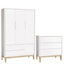 Ver imagem 1 de Cômoda Gaveteiro e Guarda Roupa Infantil 3 Portas New Classic Branco com Pés Madeira Natural - Relle