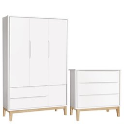 Cômoda Gaveteiro e Guarda Roupa Infantil 3 Portas New Classic Branco com Pés Madeira Natural - Relle - 1