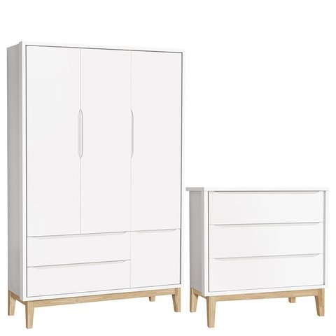 Cômoda Gaveteiro e Guarda Roupa Infantil 3 Portas New Classic Branco com Pés Madeira Natural - Relle