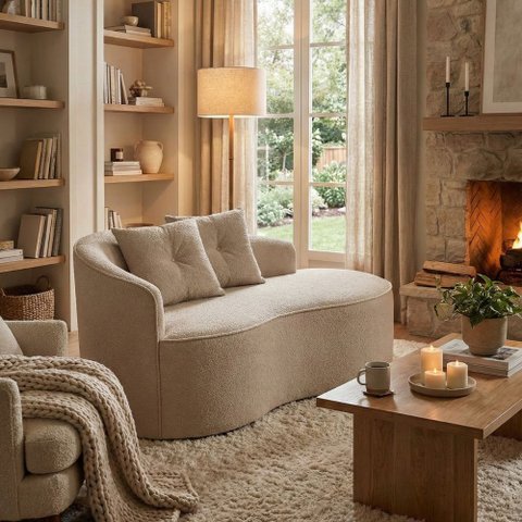 Sofá Orgânico Curvo Feijão Confortável Sala Estúdio Amore Bouclê Bege - Montanari's Decor