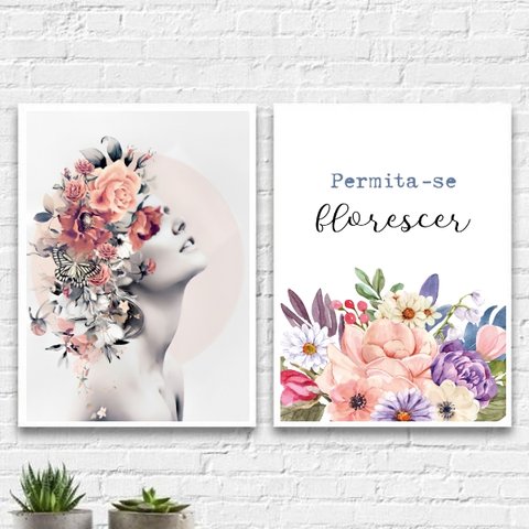 Kit 2 Quadros Mulher Permita-se Florescer 24x18cm - com vidro:Madeira branca
