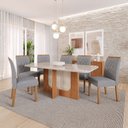 Ver imagem 1 de Sala de Jantar 6 Lugares Tampo de Vidro 180 cm Lagertha Cadeiras Madeira Maciça Cinamomo/Linho Grafi