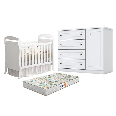 Berço Americano Danny Branco Acetinado Reller e Cômoda Infantil Americano Branco HP e Colchão Gazin 