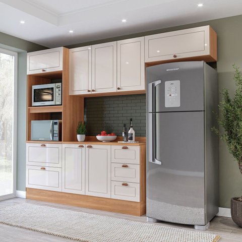 Cozinha Pérola 270cm com Rodapé e Tampo 4 Peças Off White/Freijó Yescasa