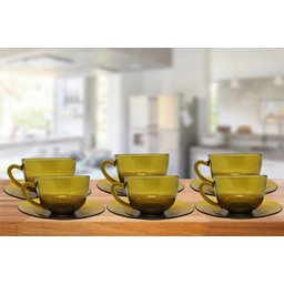 Jogo Xícara de Chá ou Café com Pires Vidro Âmbar 200ml 6 Unidades - 4 Jogo Xícara de Chá ou Café com Pires Vidro Âmbar 200ml 6 Unidades - 4