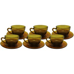 Jogo Xícara de Chá ou Café com Pires Vidro Âmbar 200ml 6 Unidades - 1 Jogo Xícara de Chá ou Café com Pires Vidro Âmbar 200ml 6 Unidades - 1