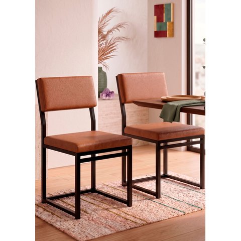 Cadeira Jantar Estofado Corino Marrom Aço Preto Kit 2 Cadeira Bossa