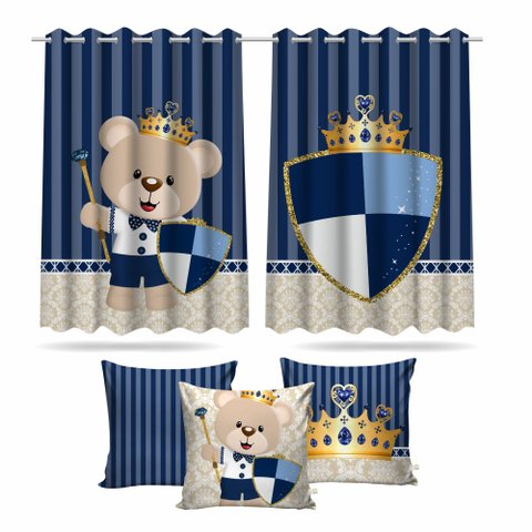Cortina Infantil Ursinho Princípe + 3 Capas Almofadas